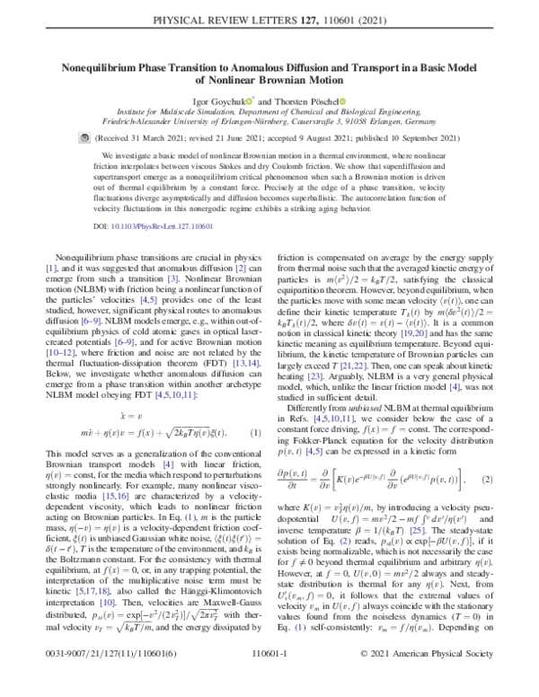 (PDF) Nonequilibrium Phase Transition to Anomalous Diffusion and ...