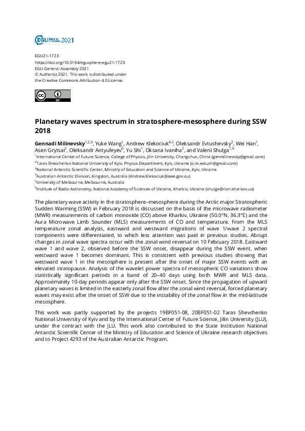 (PDF) Planetary waves spectrum in stratosphere-mesosphere during SSW 2018