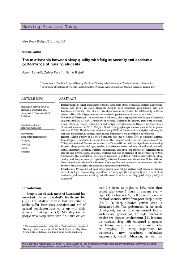 (PDF) The relationship between sleep quality with fatigue severity and ...
