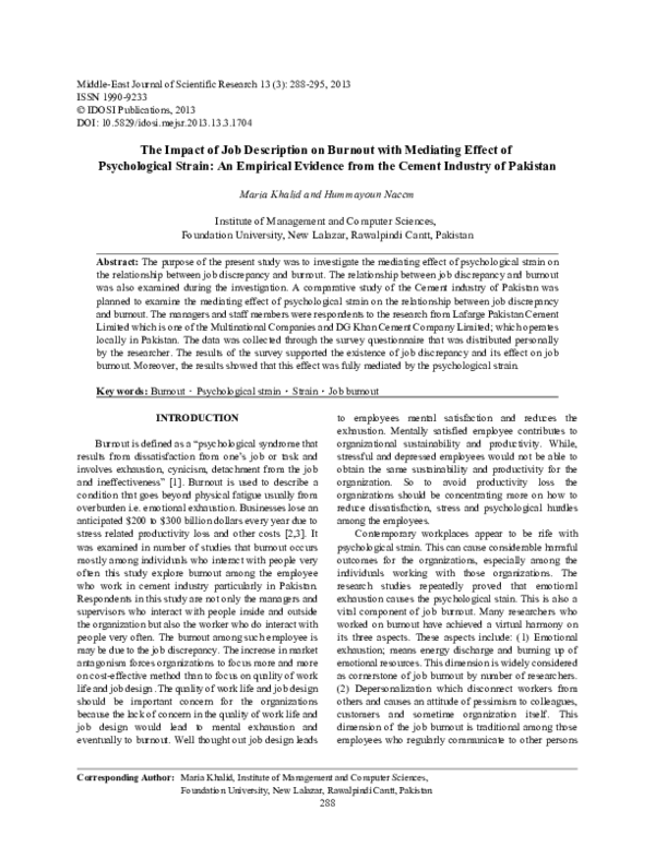 (PDF) The Impact of Job Description on Burnout with Mediating Effect of ...