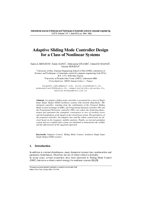 (PDF) Adaptive Sliding Mode Controller Design for a Class of Nonlinear ...