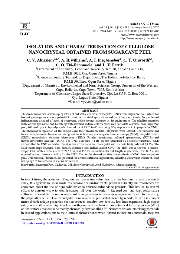 (PDF) Isolation and Characterisation of Cellulose Nanocrystal Obtained ...