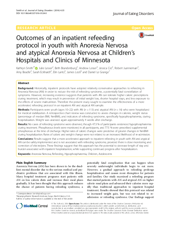 (PDF) Outcomes of an inpatient refeeding protocol in youth with ...