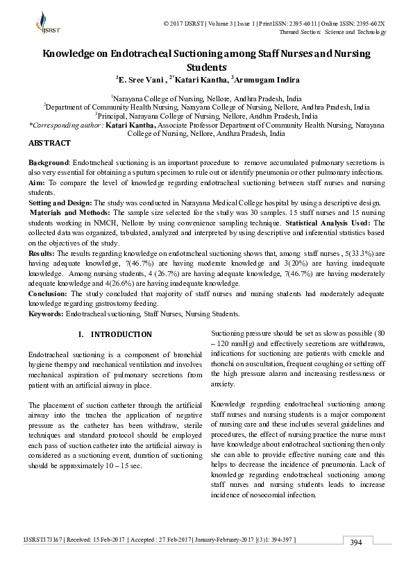 (PDF) IJSRST173167 | Knowledge on Endotracheal Suctioning among Staff ...