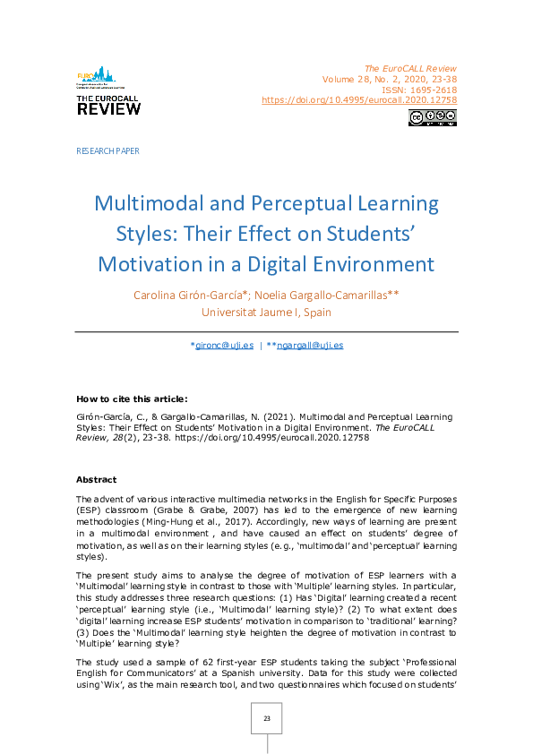 (PDF) Multimodal and Perceptual Learning Styles: Their Effect on ...