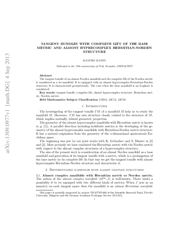 (PDF) Tangent Bundles with Complete Lift of the Base Metric and Almost ...