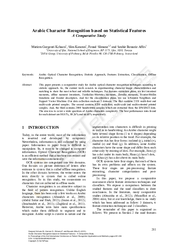 (PDF) Arabic Character Recognition based on Statistical Features-A ...
