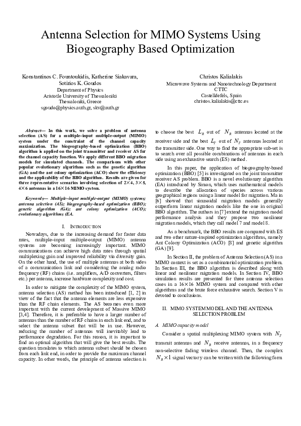 (PDF) Antenna selection for MIMO systems using biogeography based ...