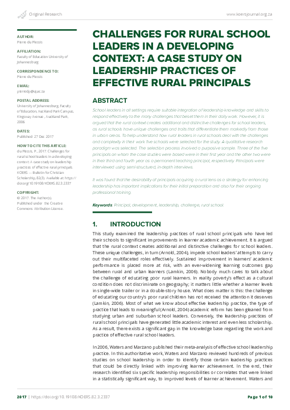 (PDF) Challenges for Rural School Leaders in a Developing Context : A ...
