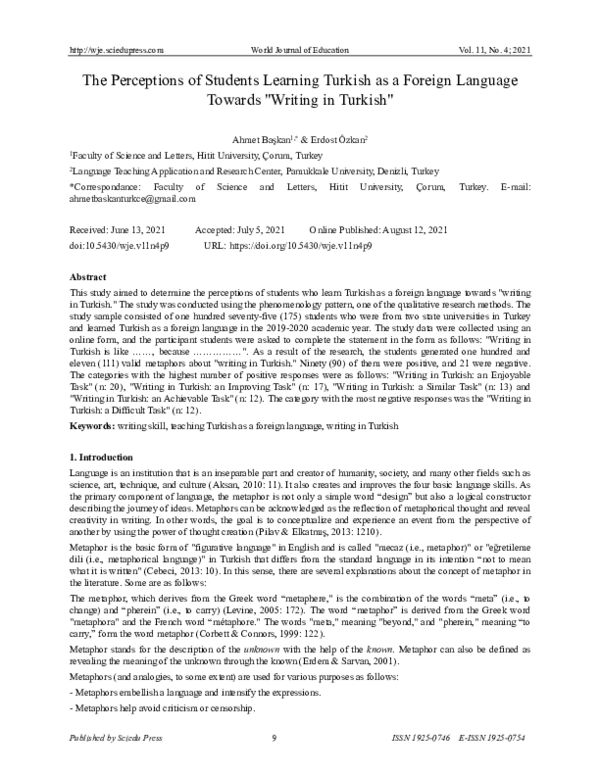 (PDF) The Perceptions of Students Learning Turkish as a Foreign ...
