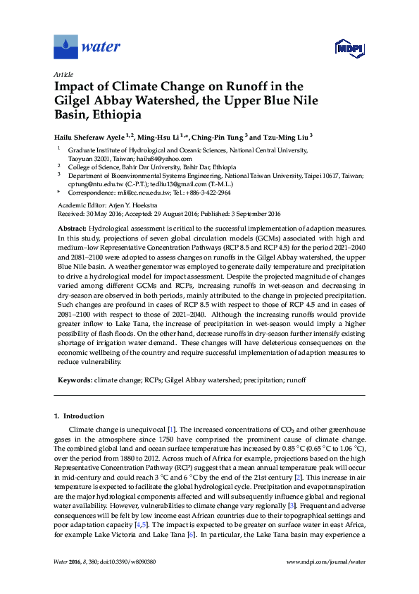 (PDF) Impact of Climate Change on Runoff in the Gilgel Abbay Watershed ...