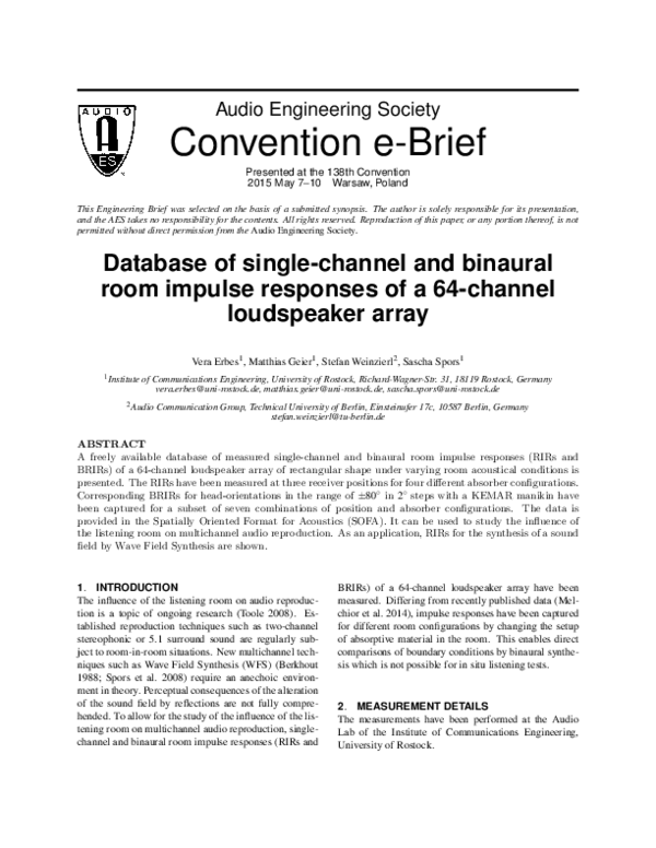 (PDF) Database of Single-Channel and Binaural Room Impulse Responses of ...
