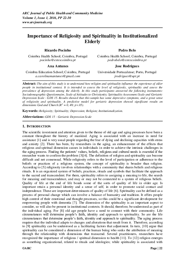 (PDF) Importance of Religiosity and Spirituality in Institutionalized ...