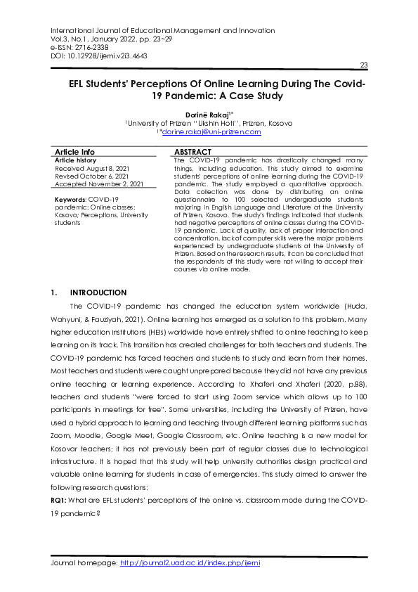 (PDF) EFL Students' Perceptions Of Online Learning During The Covid-19 ...