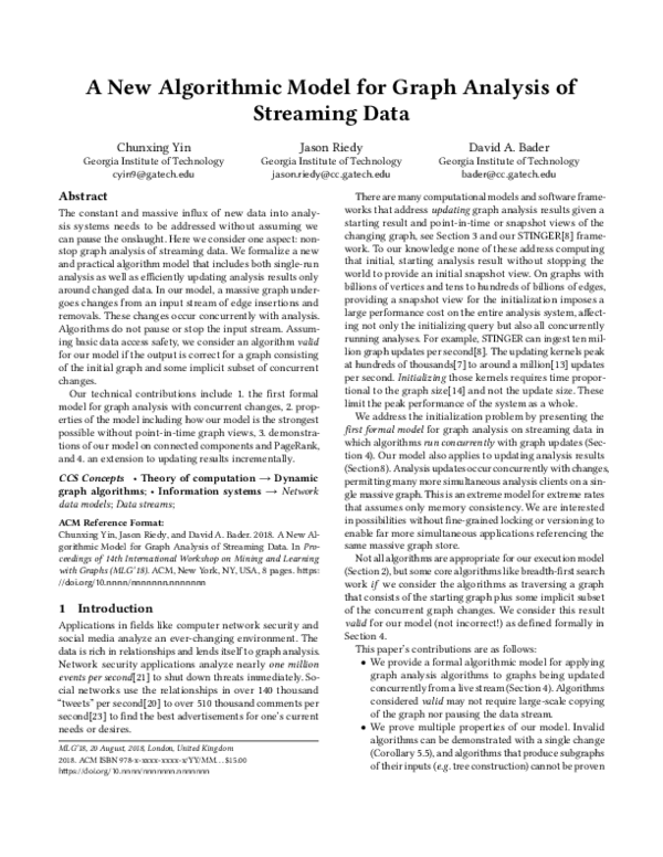 (PDF) A New Algorithmic Model for Graph Analysis of Streaming Data