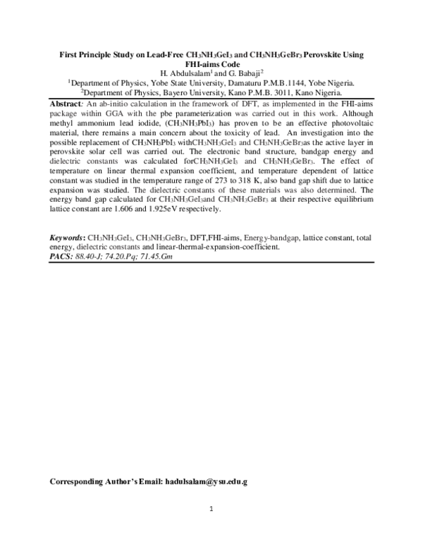 (PDF) First Principle Study on LeadFree CH3NH3GeI3 and CH3NH3GeBr3 Perovskite Using FHIaims