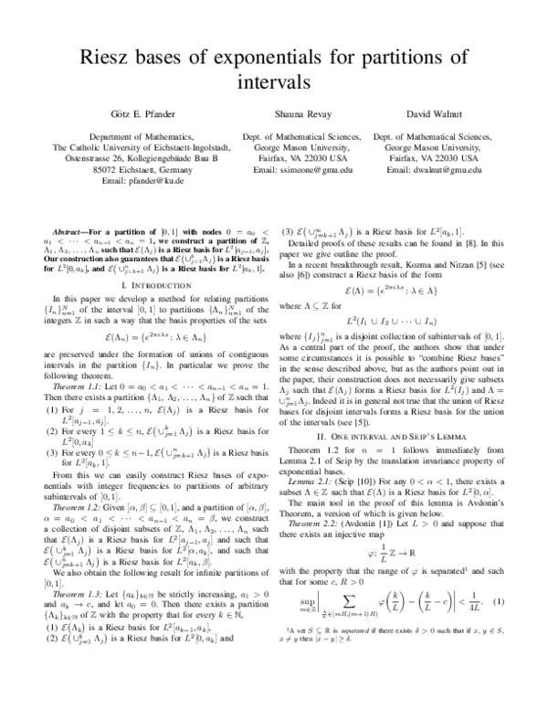 Pdf Riesz Bases Of Exponentials For Partitions Of Intervals