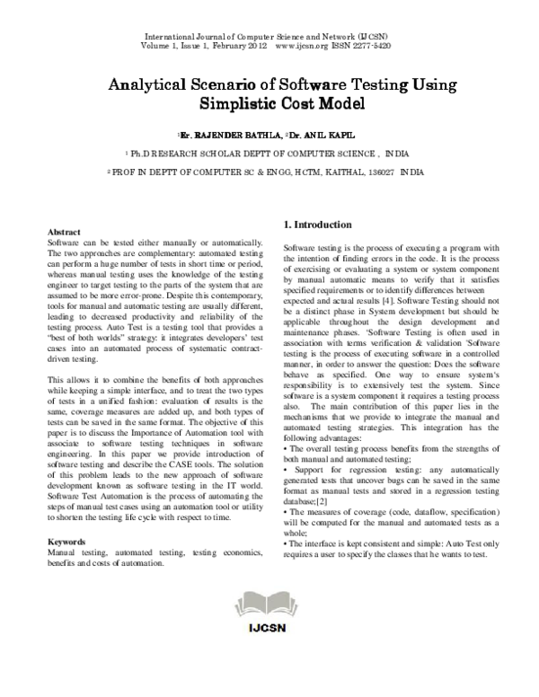 (PDF) Analytical Scenario of Software Testing Using Simplistic Cost Model