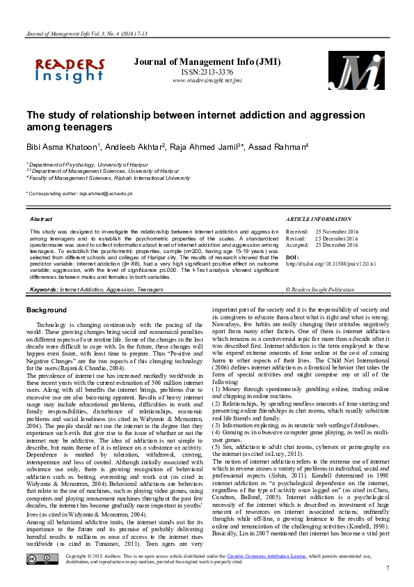 (PDF) A study of relationship between internet addiction and self ...