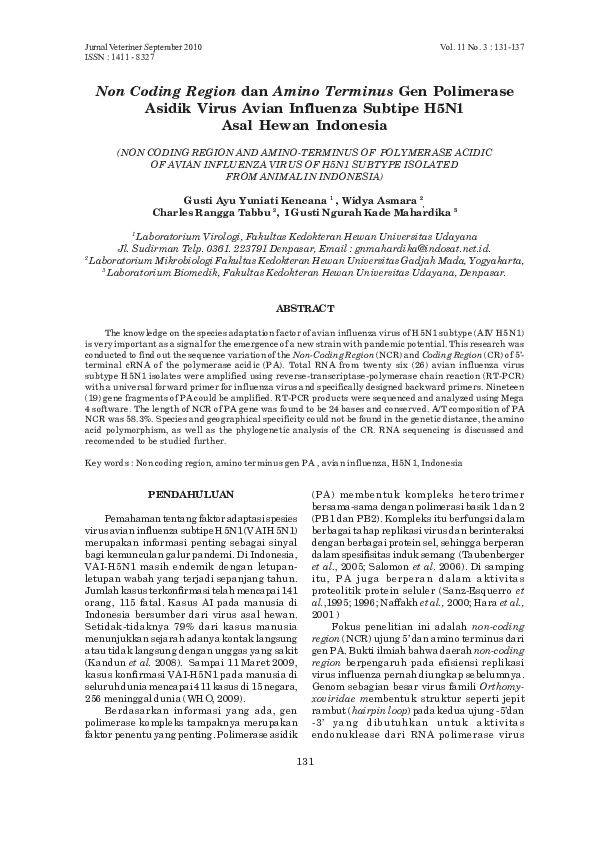 (PDF) Non Coding Region dan Amino Terminus Gen Polimerase Asidik Virus ...