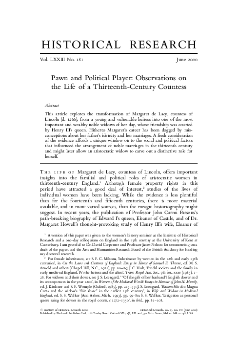 Pawn and Political Player: Observations on the Life of a Thirteenth-Century Countess