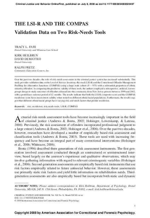 (PDF) The LSI-R and the COMPAS validation data on two risk-needs tools ...