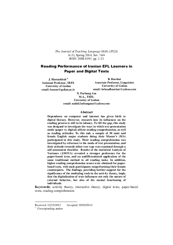 (PDF) Reading Performance of Iranian EFL Learners in Paper and Digital ...