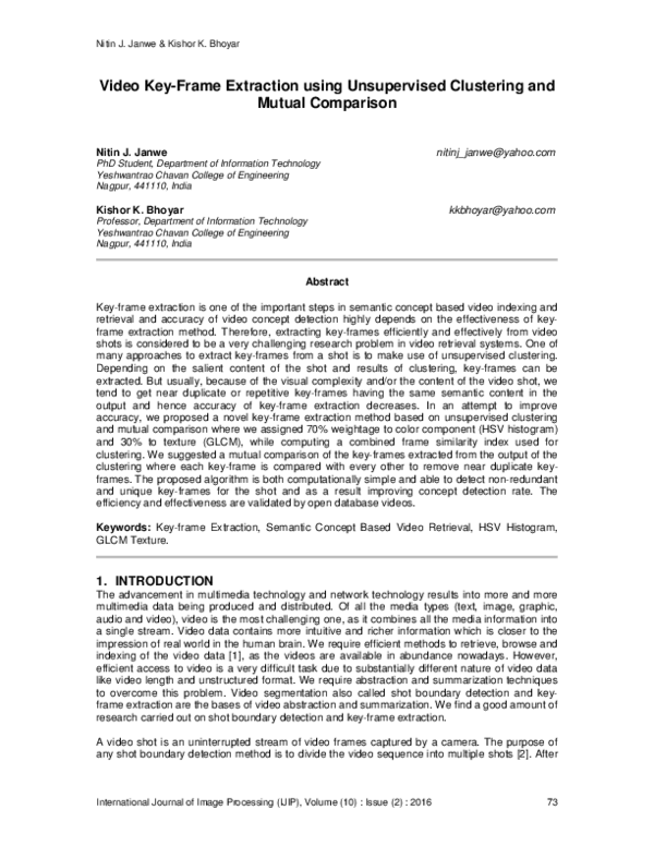 (PDF) Video Key-Frame Extraction using Unsupervised Clustering and ...