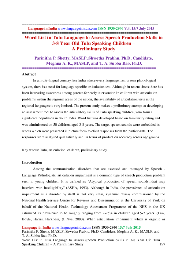 (PDF) Word List in Tulu Language to Assess Speech Production Skills in ...