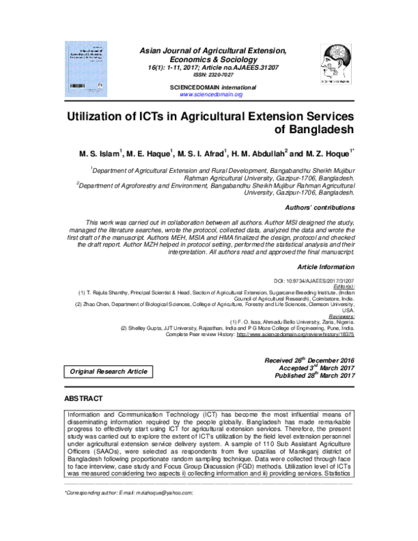 (PDF) Utilization of ICTs in Agricultural Extension Services of Bangladesh