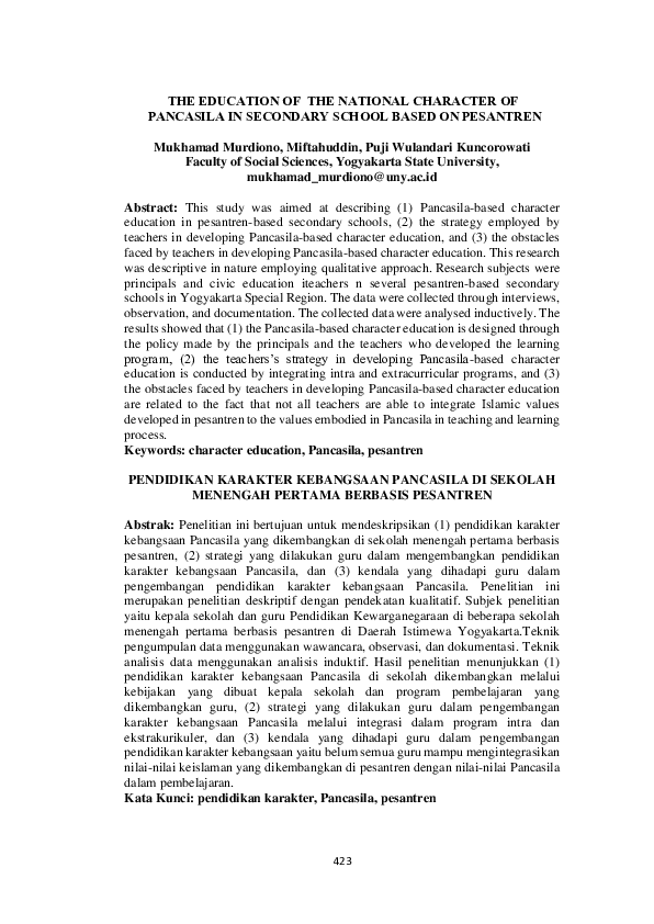 (PDF) The Education of the National Character of Pancasila in Secondary ...
