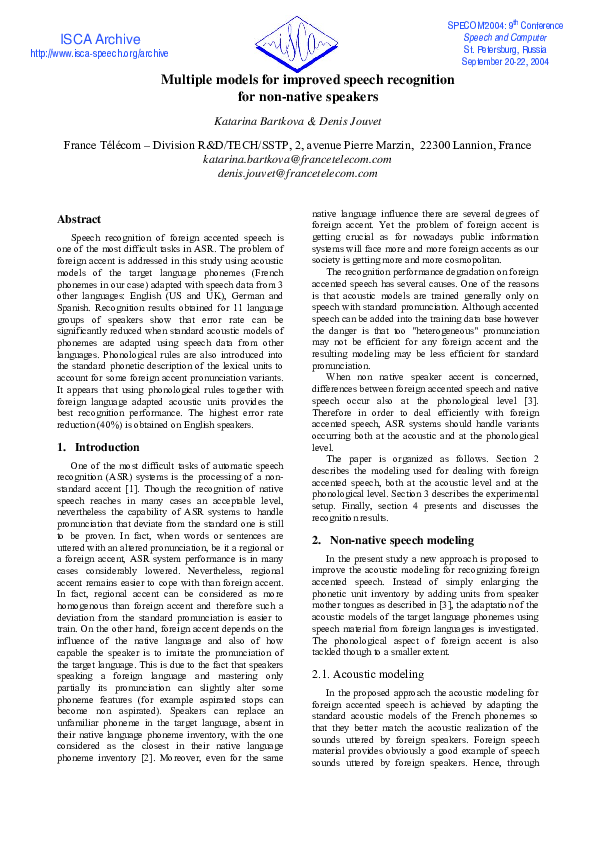 (PDF) Multiple models for improved speech recognition for non-native ...