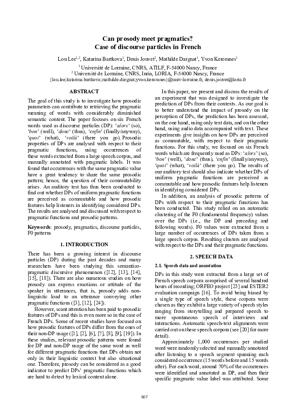 (PDF) Can prosody meet pragmatics? Case of discourse particles in French