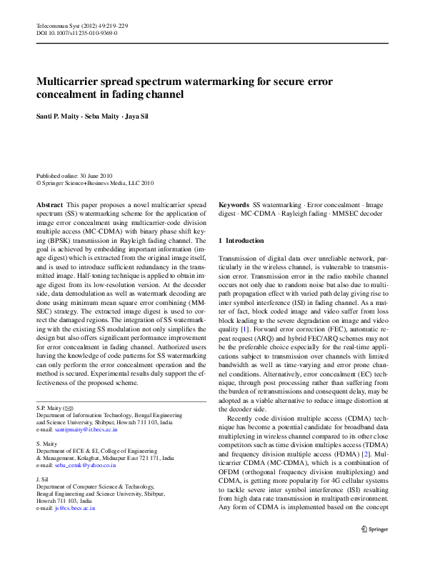 (PDF) Multicarrier spread spectrum watermarking for secure error ...