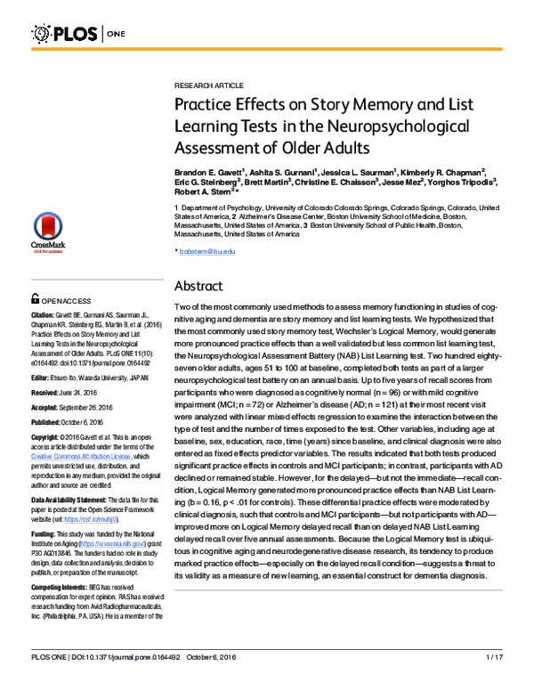 (PDF) Practice Effects on Story Memory and List Learning Tests in the ...
