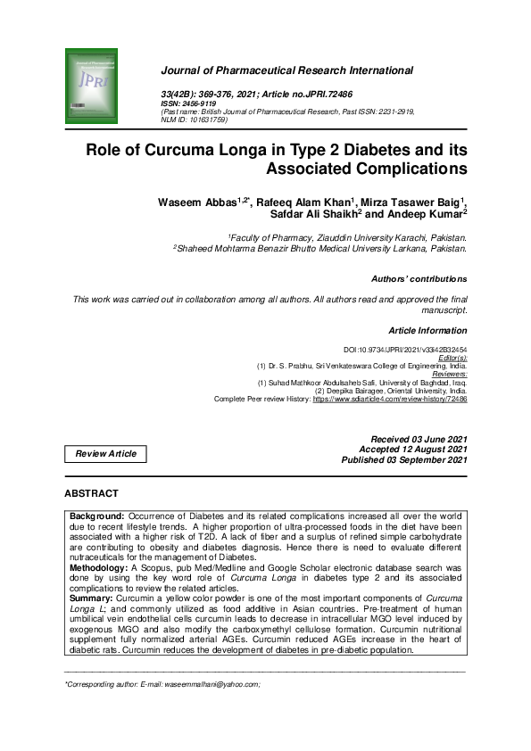 (PDF) Role of Curcuma Longa in Type 2 Diabetes and its Associated ...