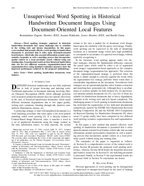 (PDF) Unsupervised Word Spotting in Historical Handwritten Document ...