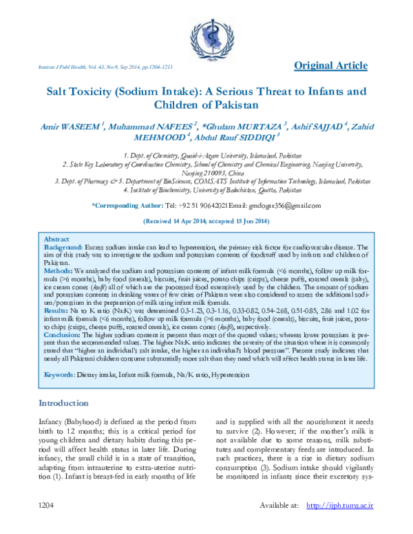 (PDF) Salt Toxicity (Sodium Intake): A Serious Threat to Infants and