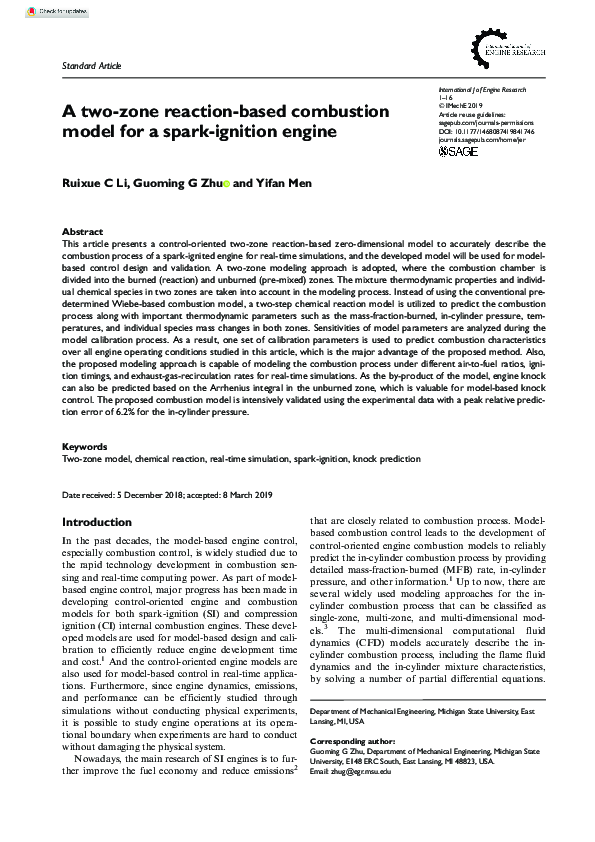 (PDF) A two-zone reaction-based combustion model for a spark-ignition ...