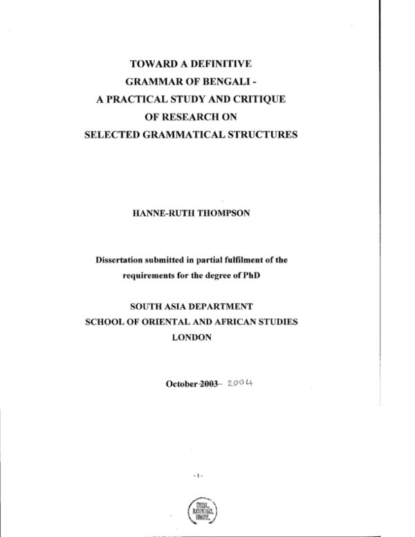 (PDF) Toward a definitve grammar of Bengali: A practical study and ...