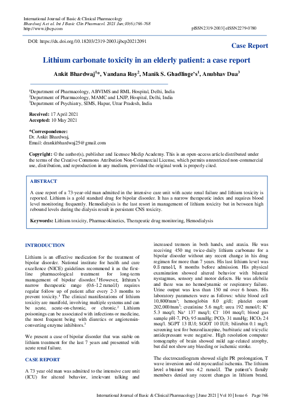 (PDF) Lithium carbonate toxicity in an elderly patient a case report
