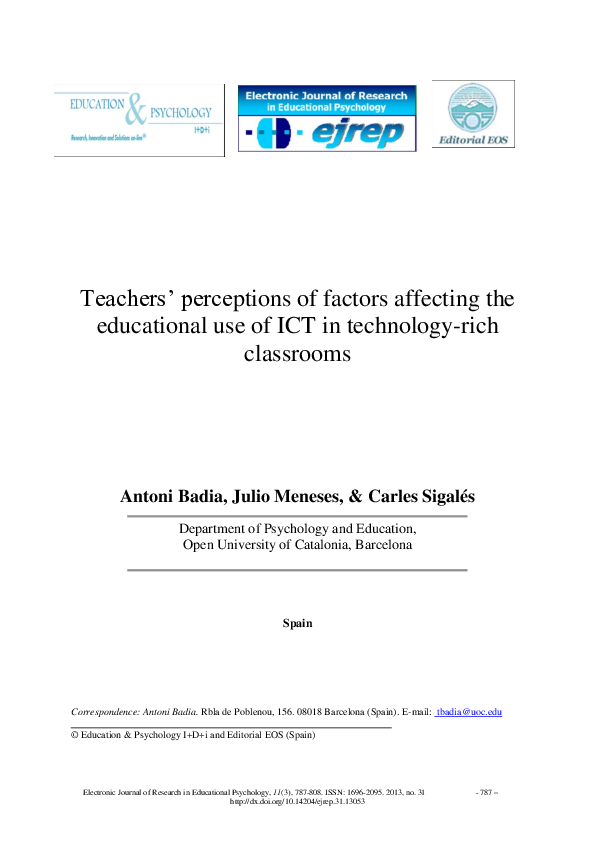 (PDF) Teachers' perceptions of factors affecting the educational use of ...