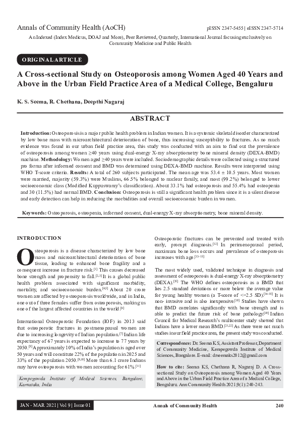 (PDF) A Cross-sectional Study on Osteoporosis among Women Aged 40 Years ...