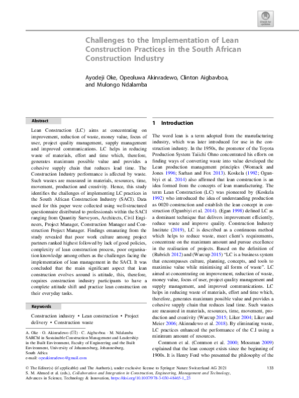 (PDF) Challenges to the Implementation of Lean Construction Practices ...