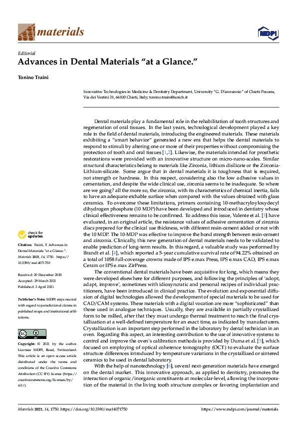(PDF) Advances in Dental Materials “at a Glance.”