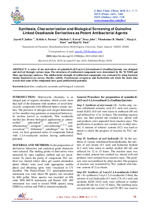(PDF) Synthesis, Characterization And Biological Screening Of Metal ...