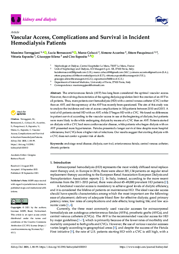 (PDF) Vascular Access, Complications and Survival in Incident ...