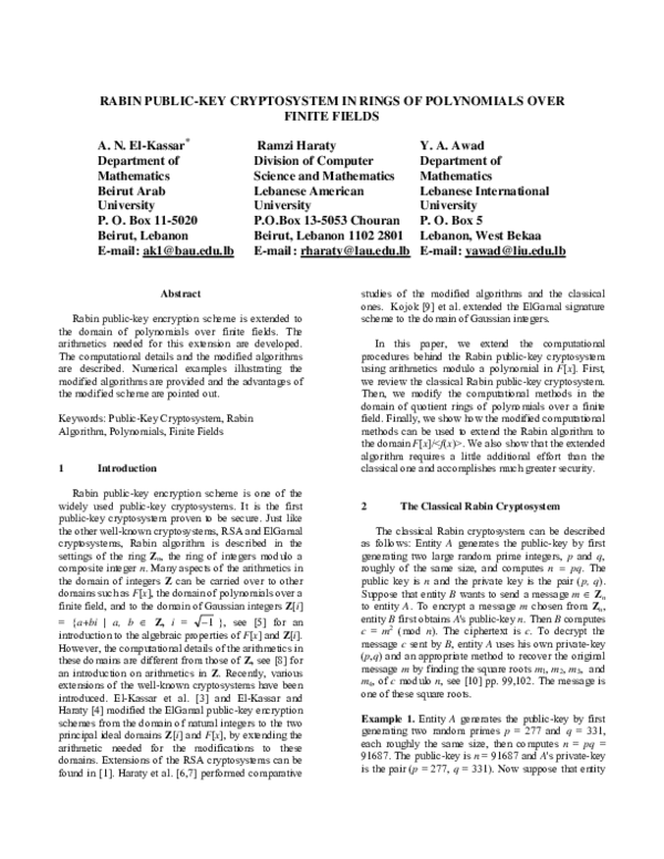 (PDF) Rabin Public-Key Cryptosystem in Rings of Polynomials Over ...