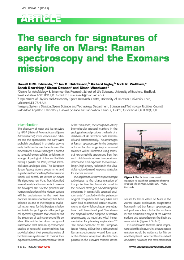 (PDF) The search for signatures of early life on Mars: Raman ...