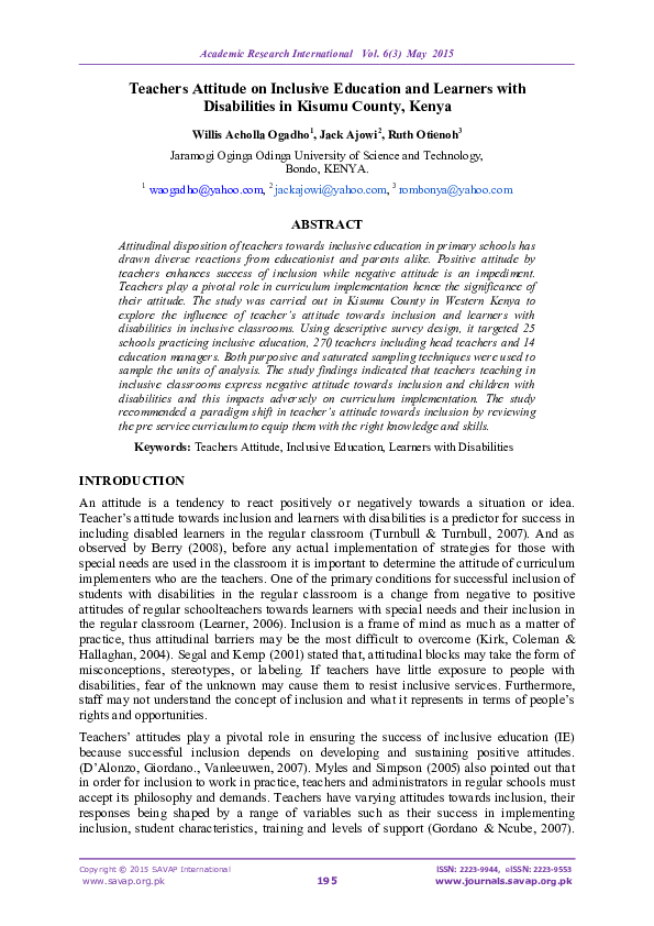 (PDF) Teachers Attitude on Inclusive Education and Learners with ...